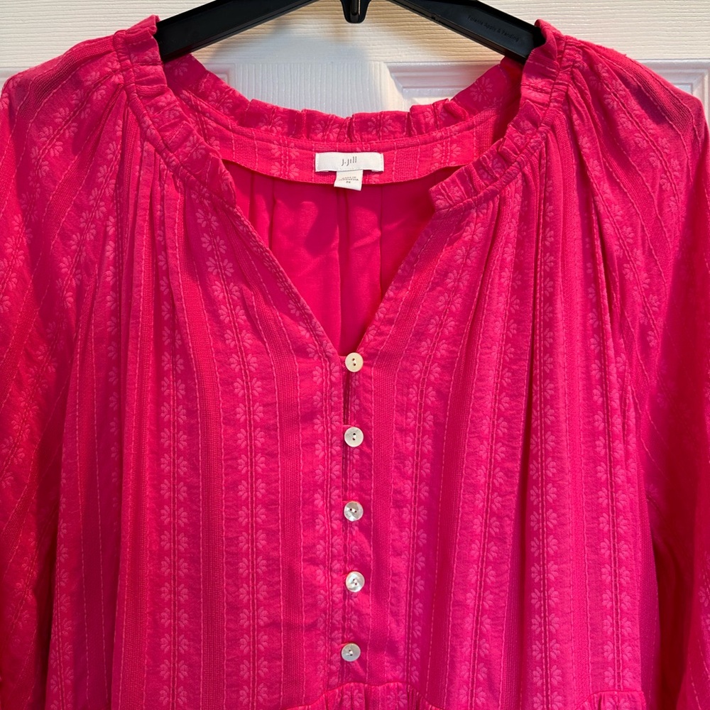J.Jill Women's Pink Ruffle Smocked Long Sleeve Dress